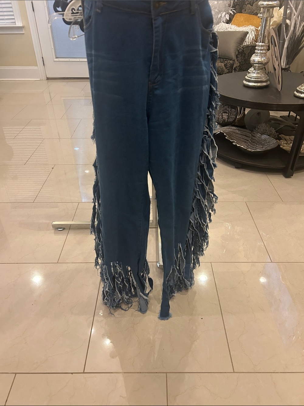 Fringed Wide-Leg Jeans — Blue